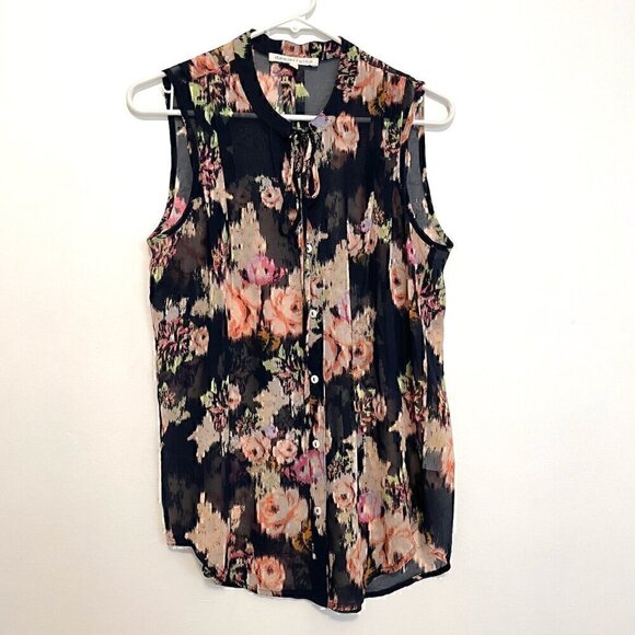 DANIEL RAINN Navy Blue Cream Ivory Multi Floral Tie Neck Button Down Tank Blouse - Picture 2 of 15